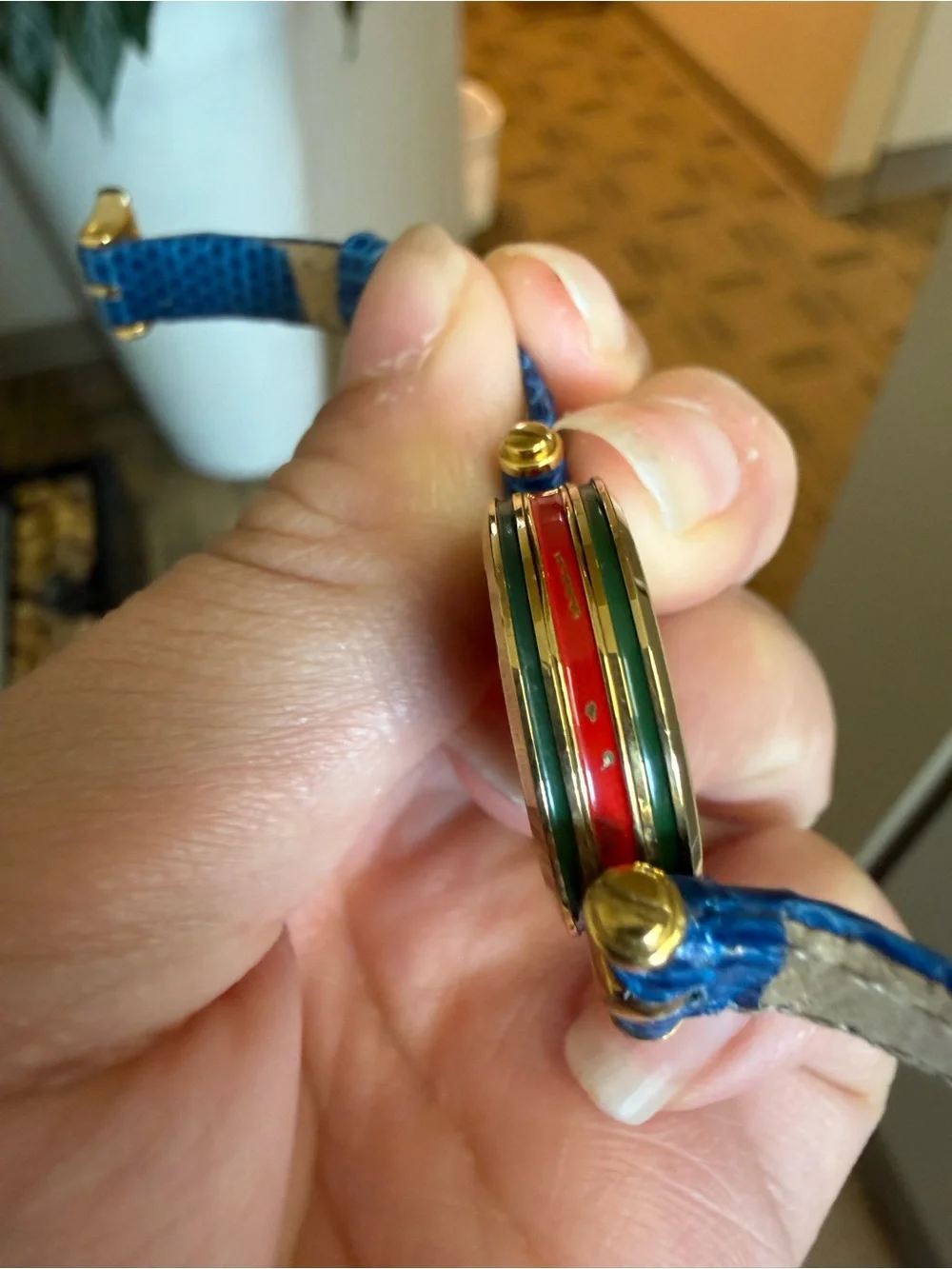 Gucci Blue Lizard Leather Watch with sherry line gold face 10mm